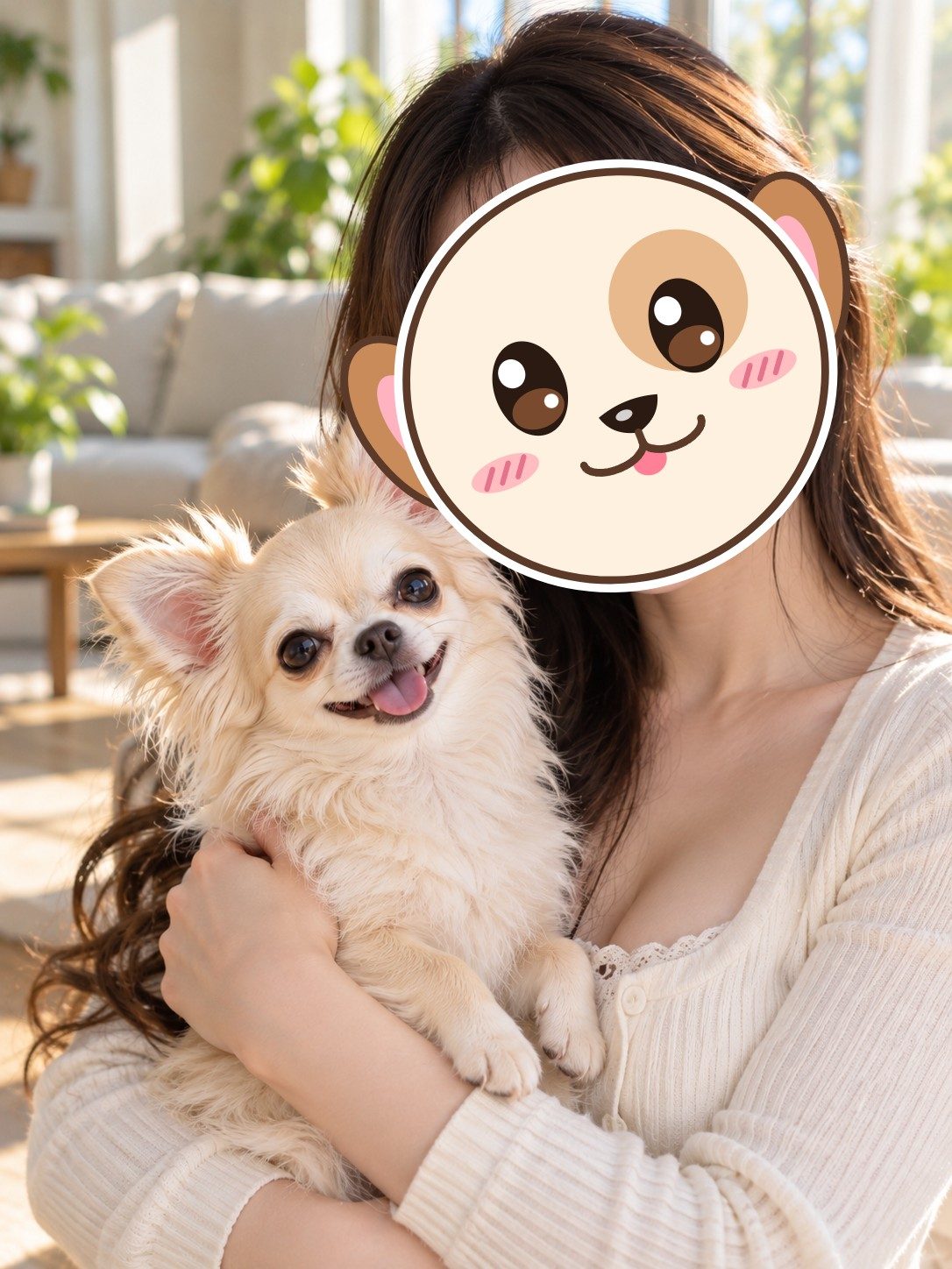 치와와를 안은 사람, 얼굴에 강아지 얼굴 그림이 덮여 있음