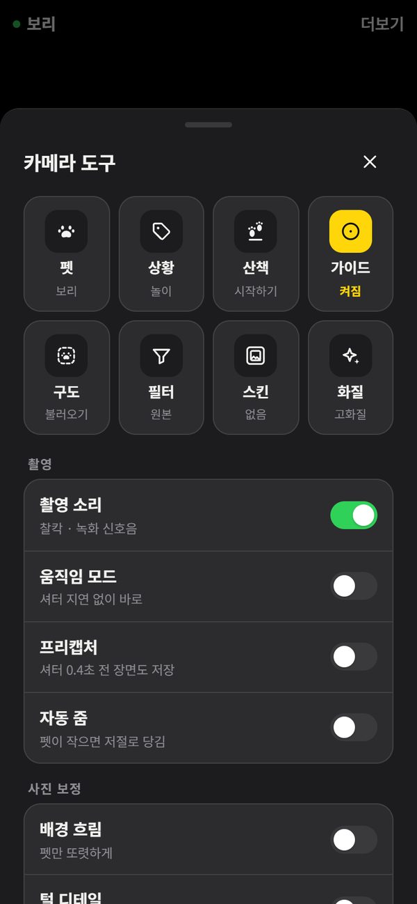 펫, 상황, 산책, 가이드, 구도, 필터, 스킨, 화질 도구가 있는 더보기